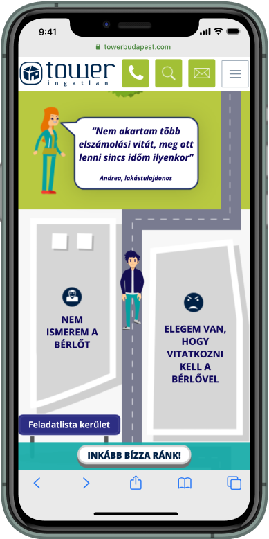 Interaktív térképen sétáló ember iphone kijelzőn felmerülő kérdéseket és helyes utat mutat ingatlankezelésről